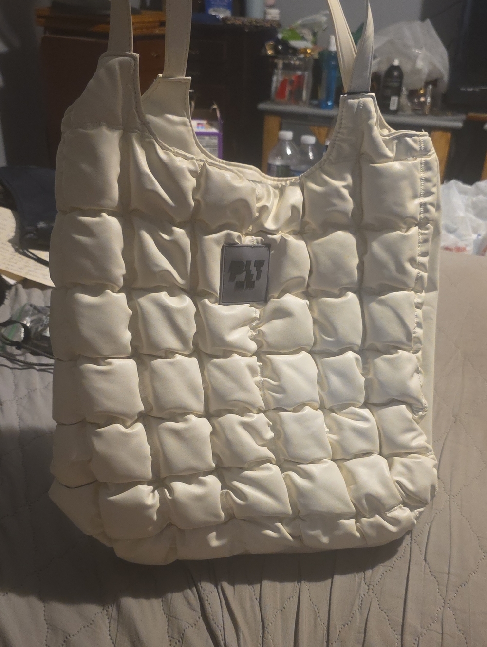 PrettyLittleThing Cream Quilted Puff Tote Bag